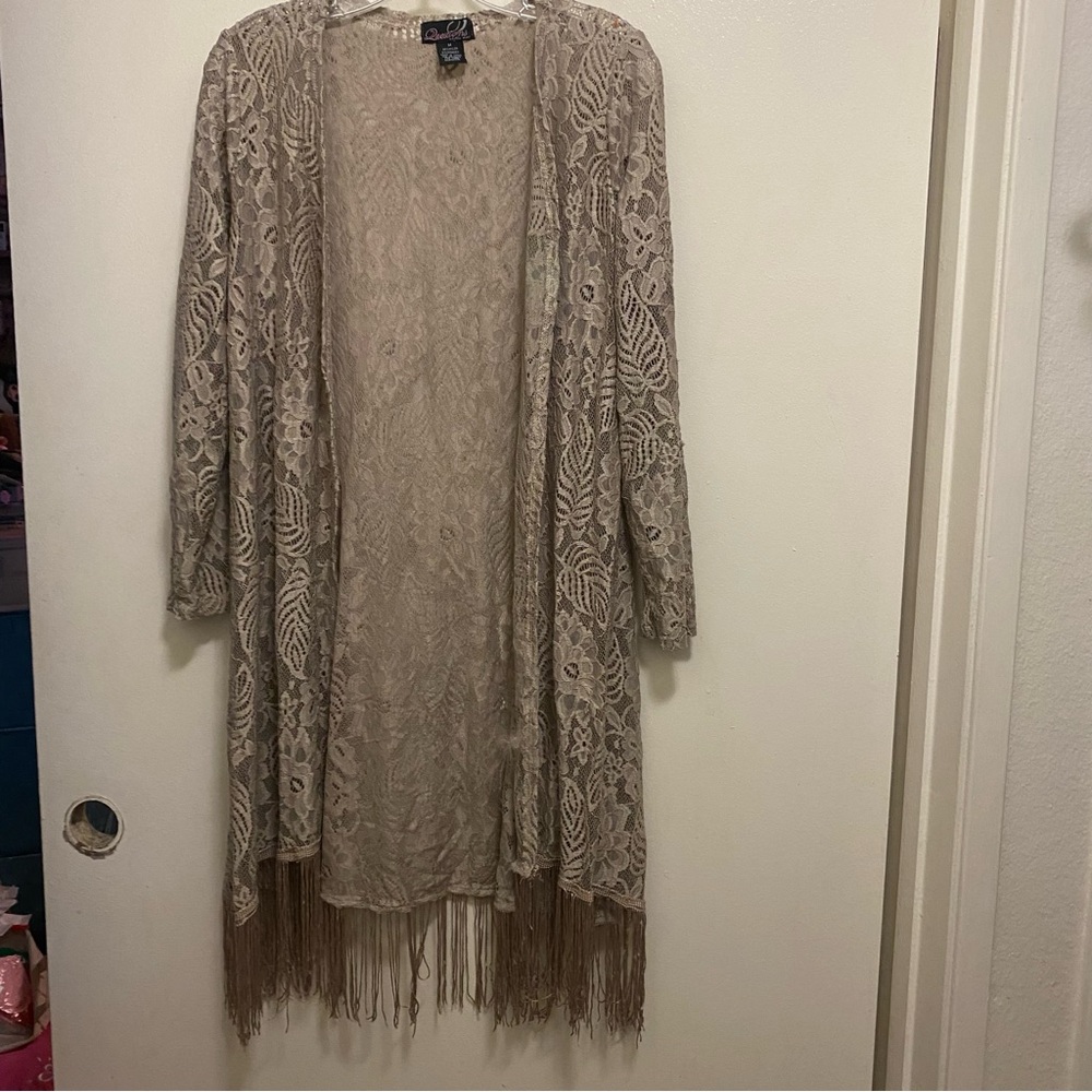 Questions Womens Lace Sheer Cardigan Kimono M Medium Beige Fringe Bottom Boho